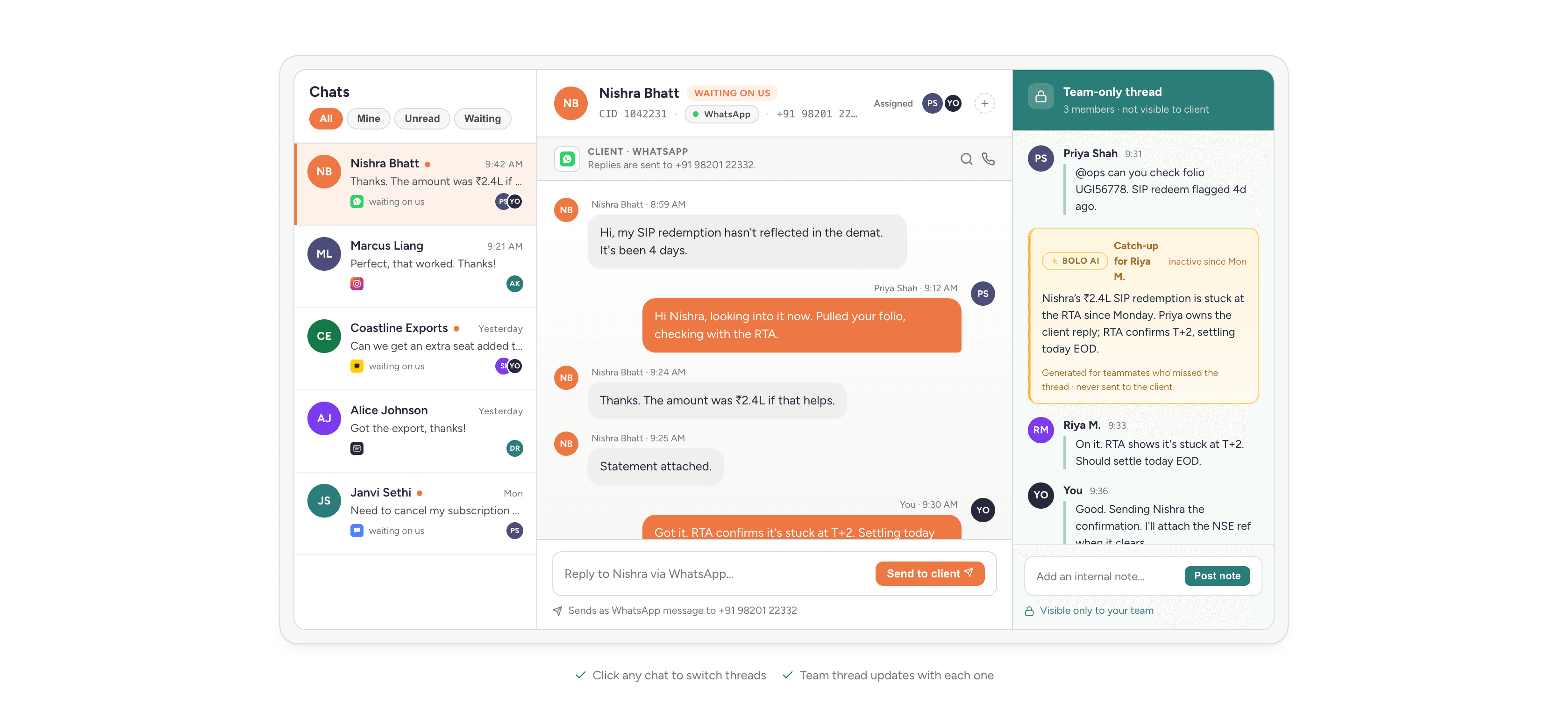 Bolo shared inbox, showing a client WhatsApp thread alongside a team-only thread with an AI catch-up summary.