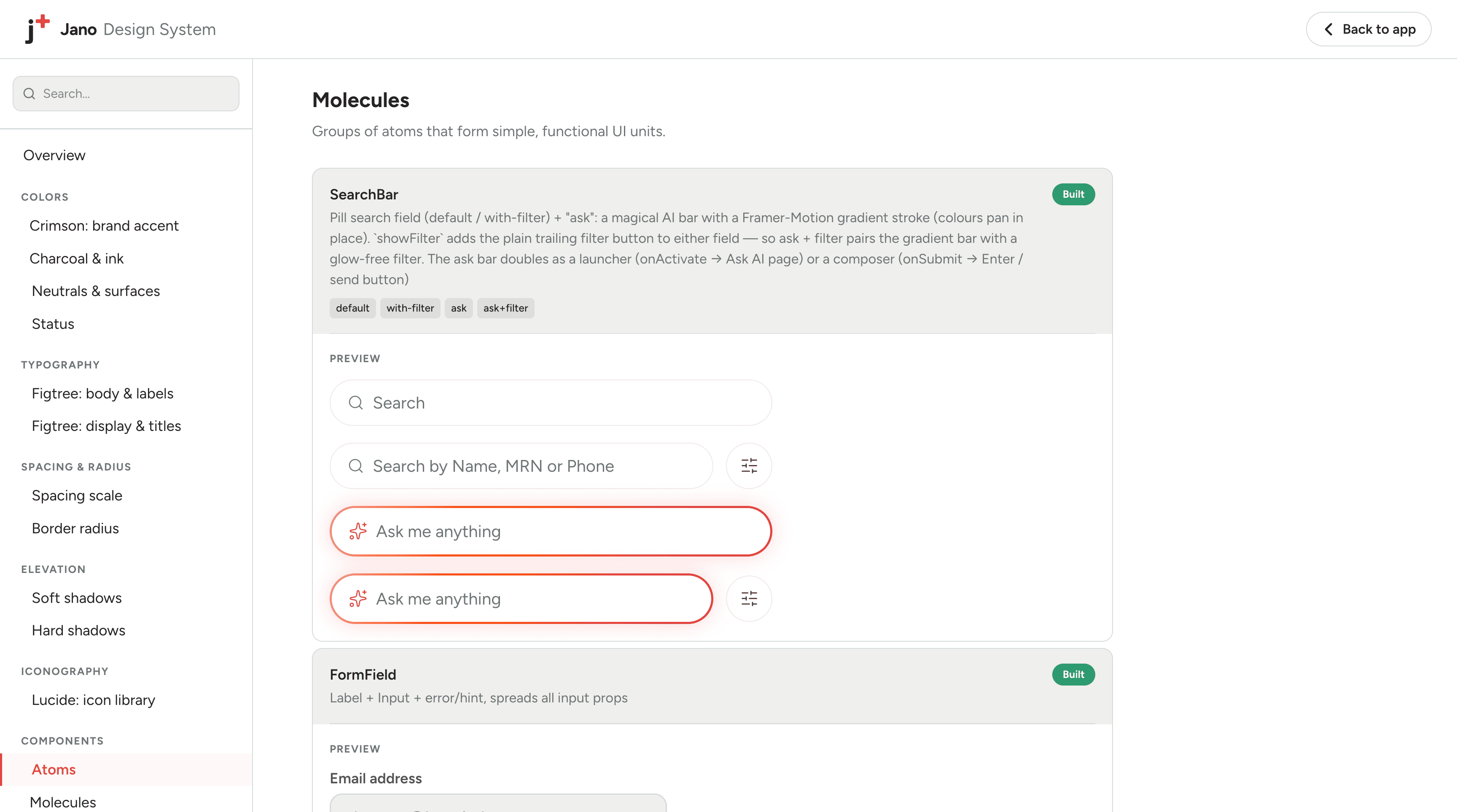 The Jano Design System documentation site, showing the Molecules page with SearchBar and FormField component specs and live previews.